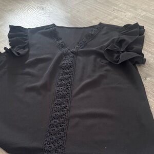 SHEIN Black Lace Trim Ruffle Sleeve Blouse
